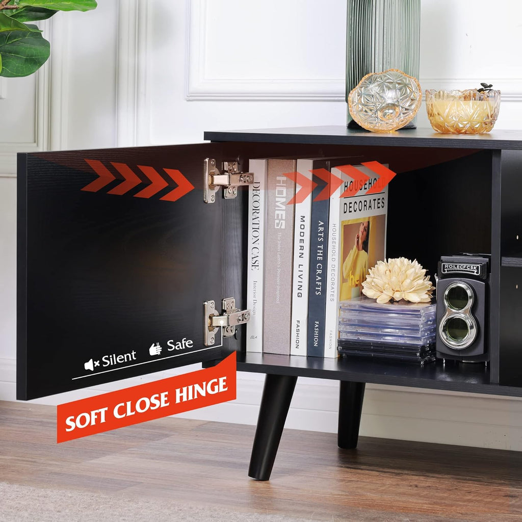 Black TV Stand with Storage Cabinet and Open Shelves K23058