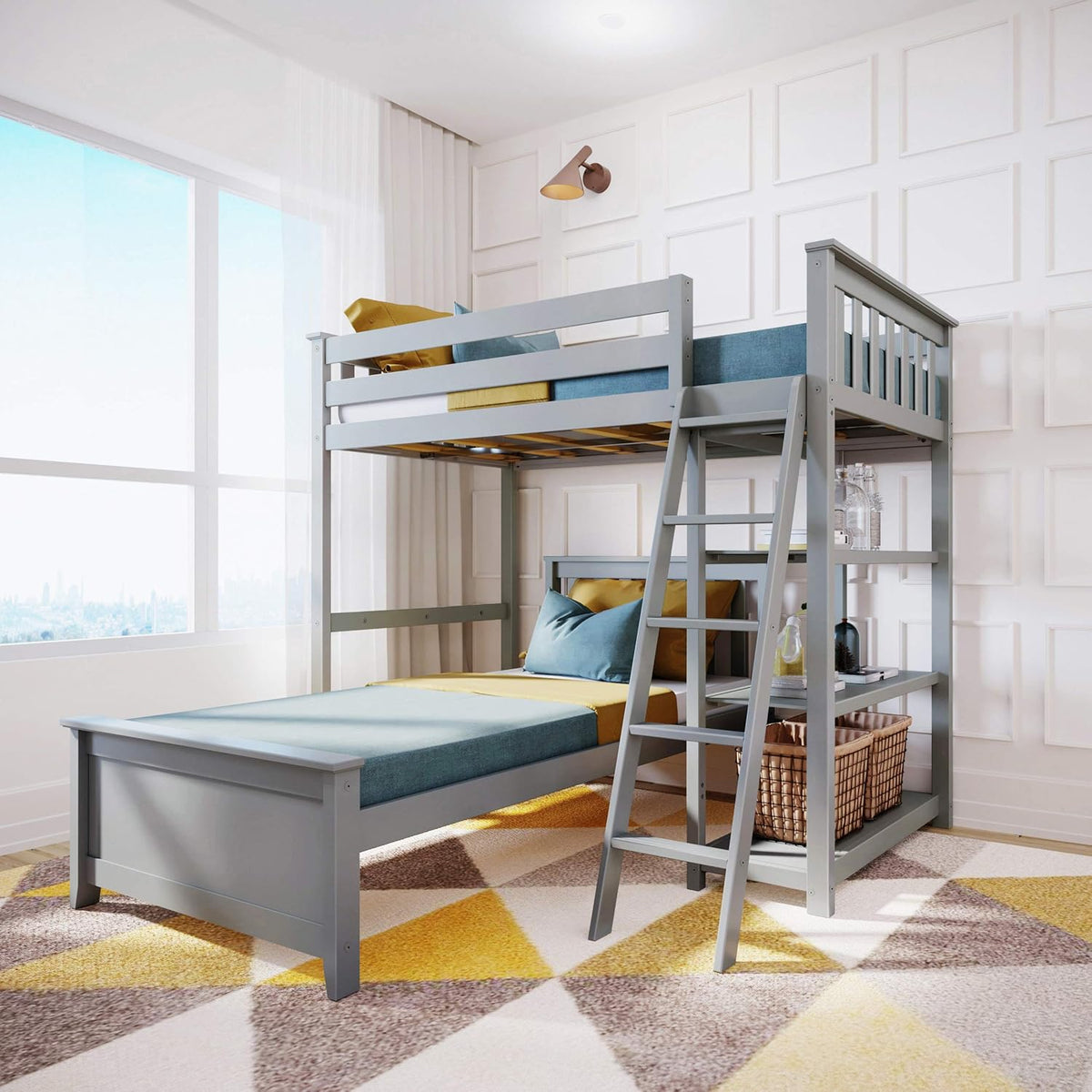 White Twin/Full L Shape Bunk Bed with Bookcase H99382