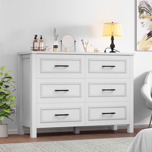 White 6-Drawer Wood Dresser with Power Outlet F958