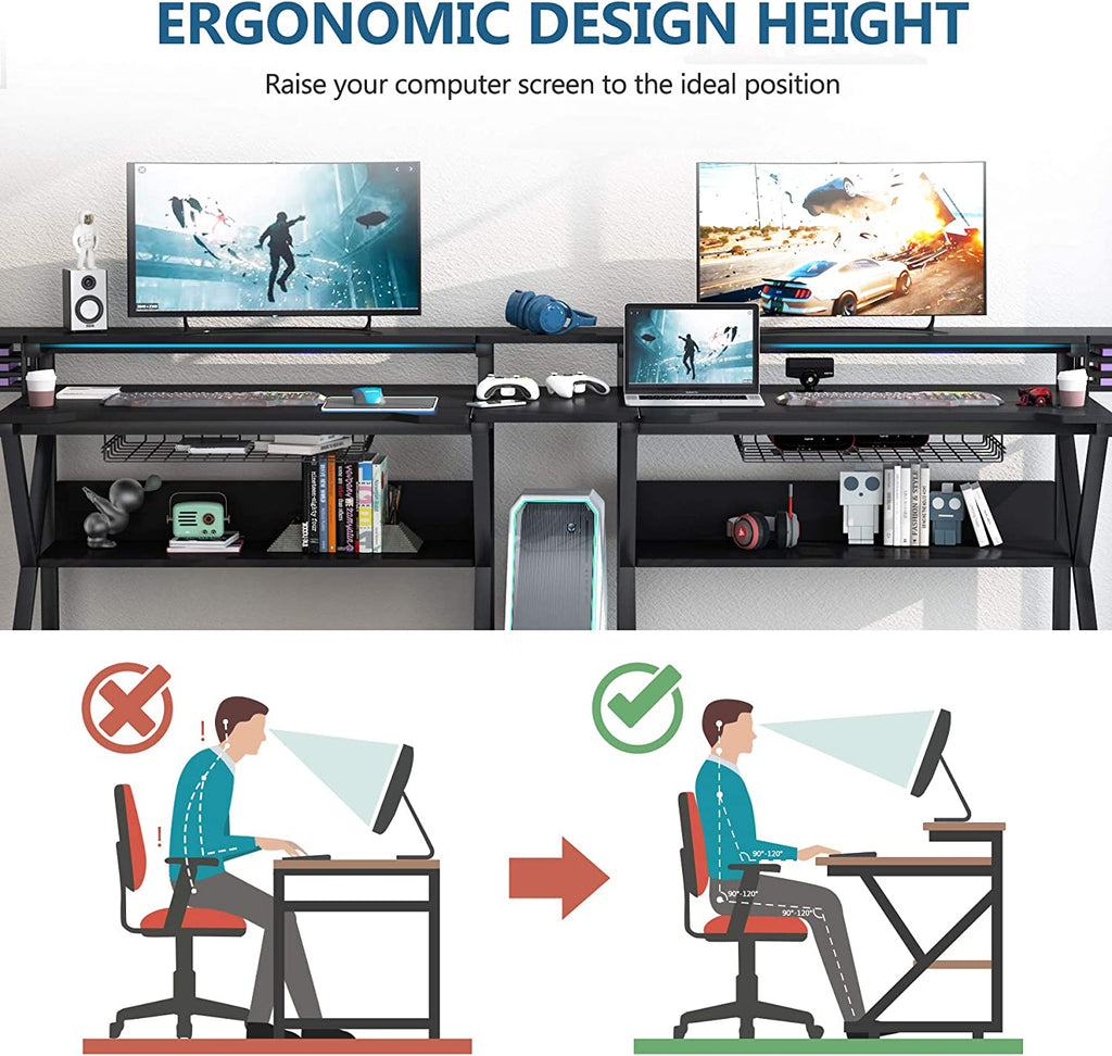 Double Gaming Desk with Hutch Monitor Stand Riser, 102-Inch Two Person Computer Desk with Storage Bookshelf W2763