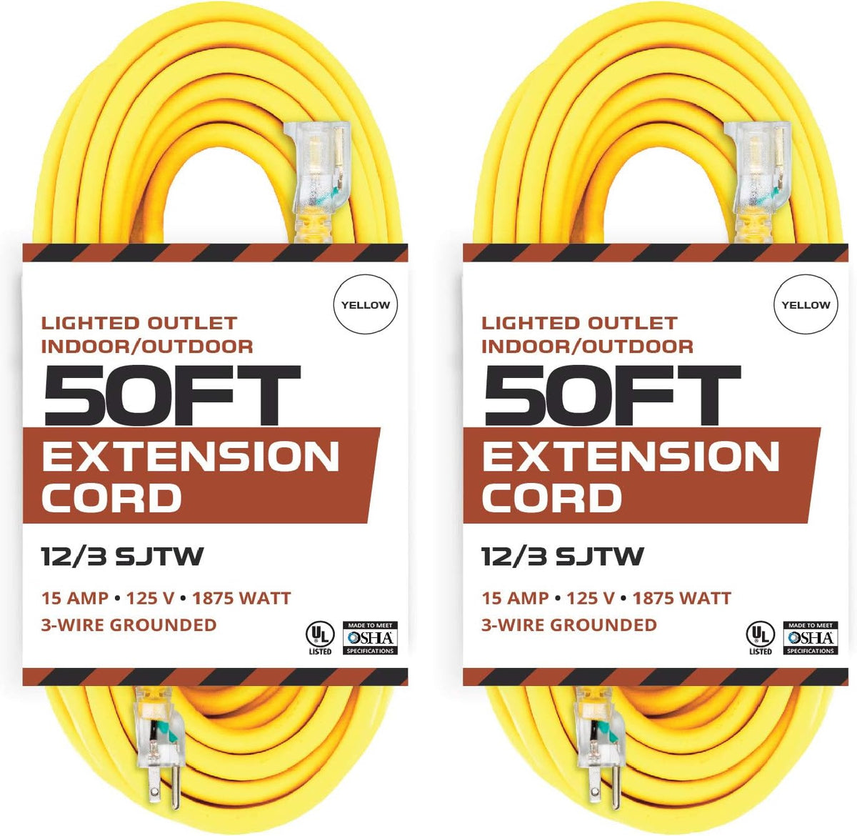 2 Pack of 50 Ft Yellow Heavy Duty 3 Prong Extension Cords F5198