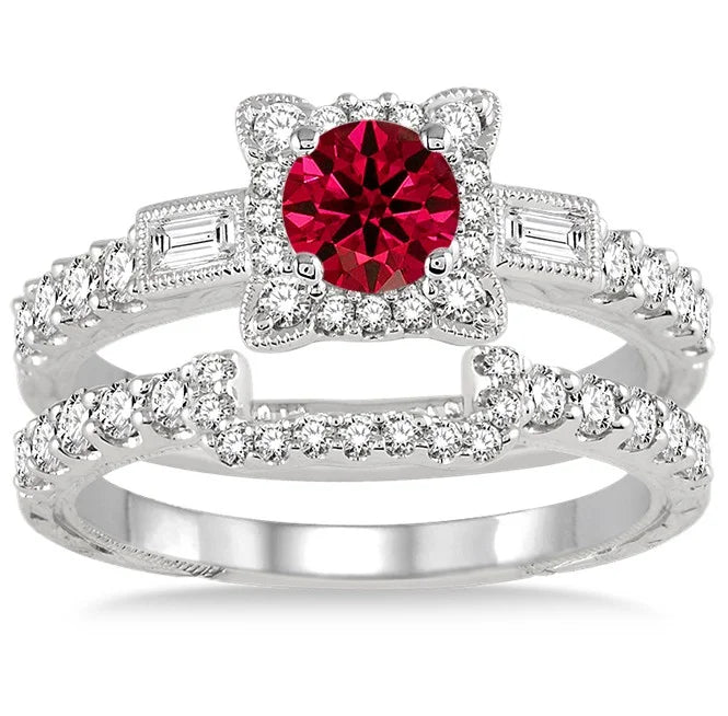 1.5 Carat Ruby & Diamond Vintage Floral Bridal Set Engagement Ring on 10k White Gold Q619