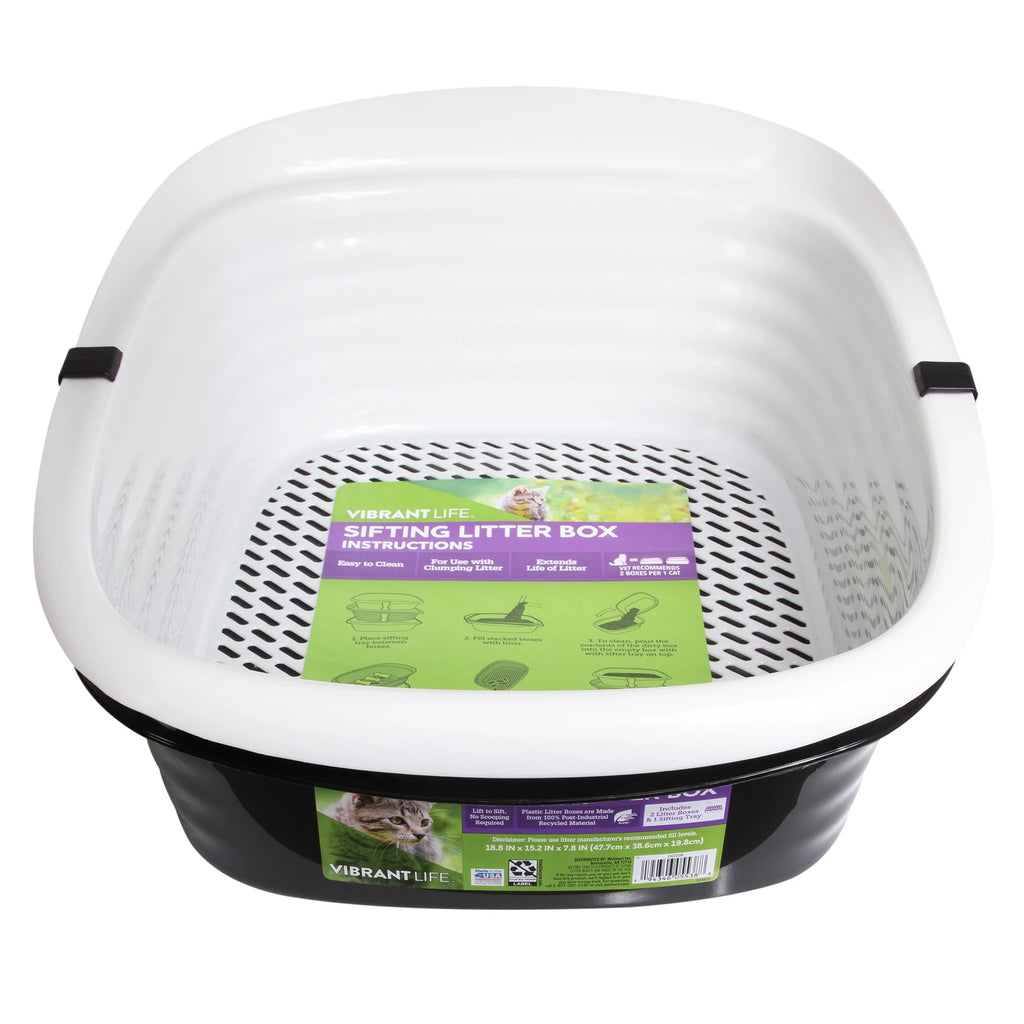 2 Open Top Plastic Cat Litter Pans and Tray, Large, Black B911