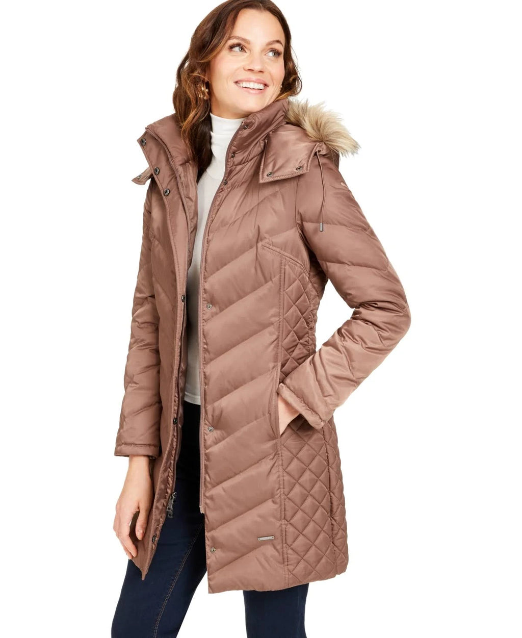 Faux-Fur-Trim Hooded Down Puffer Coat Y601752