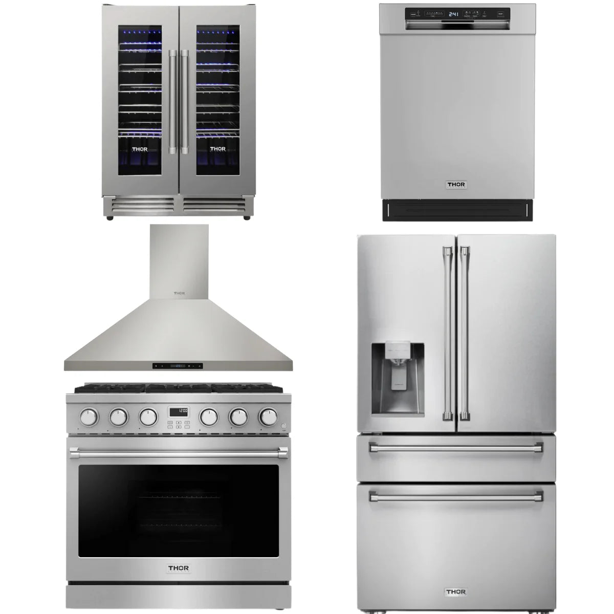 36 Gas Range, Range Hood, Refrigerator, Dishwasher and Wine Cooler D553