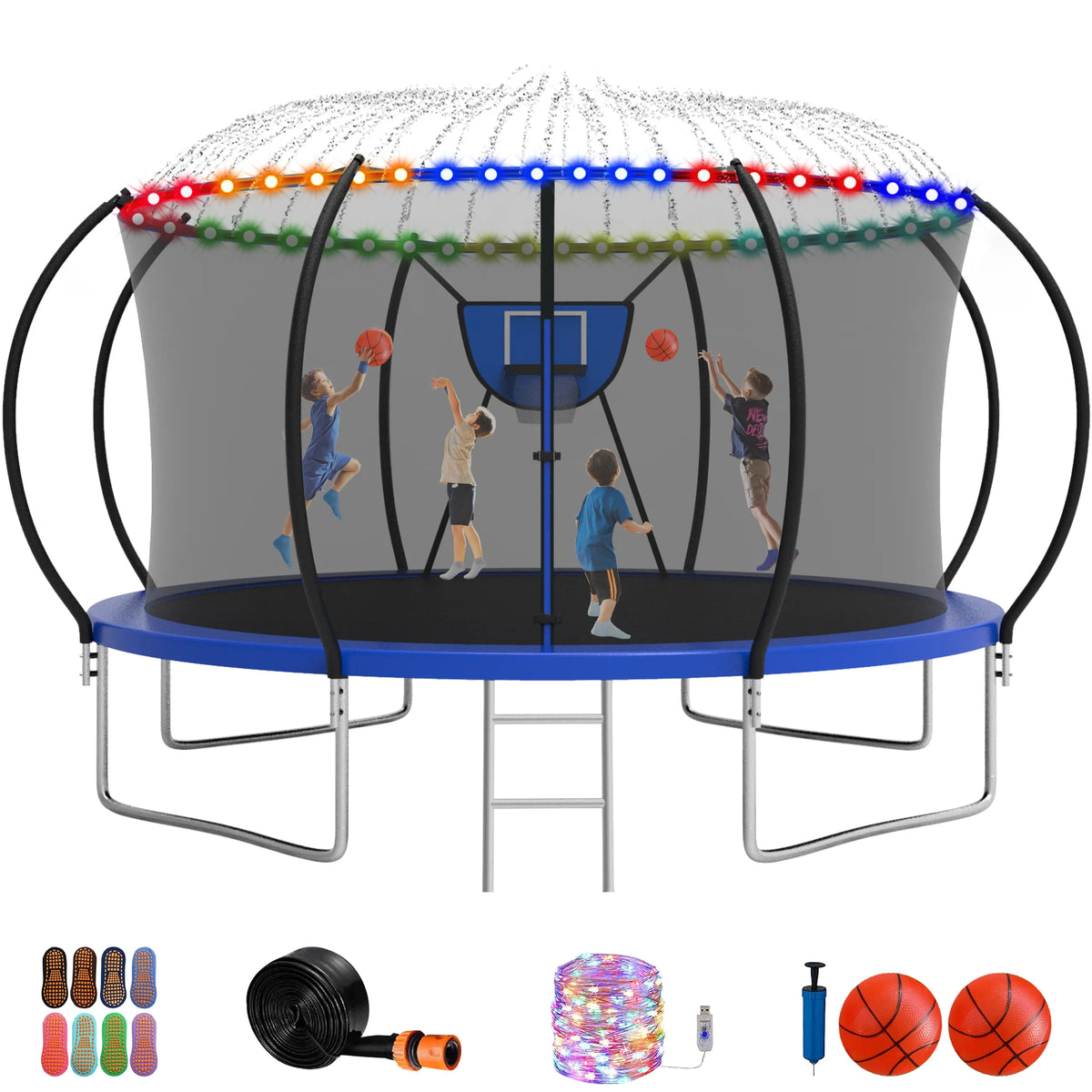 12FT 14FT Trampoline with Enclosure, Basketball Hoop, LED Light and Sprinkler N894017