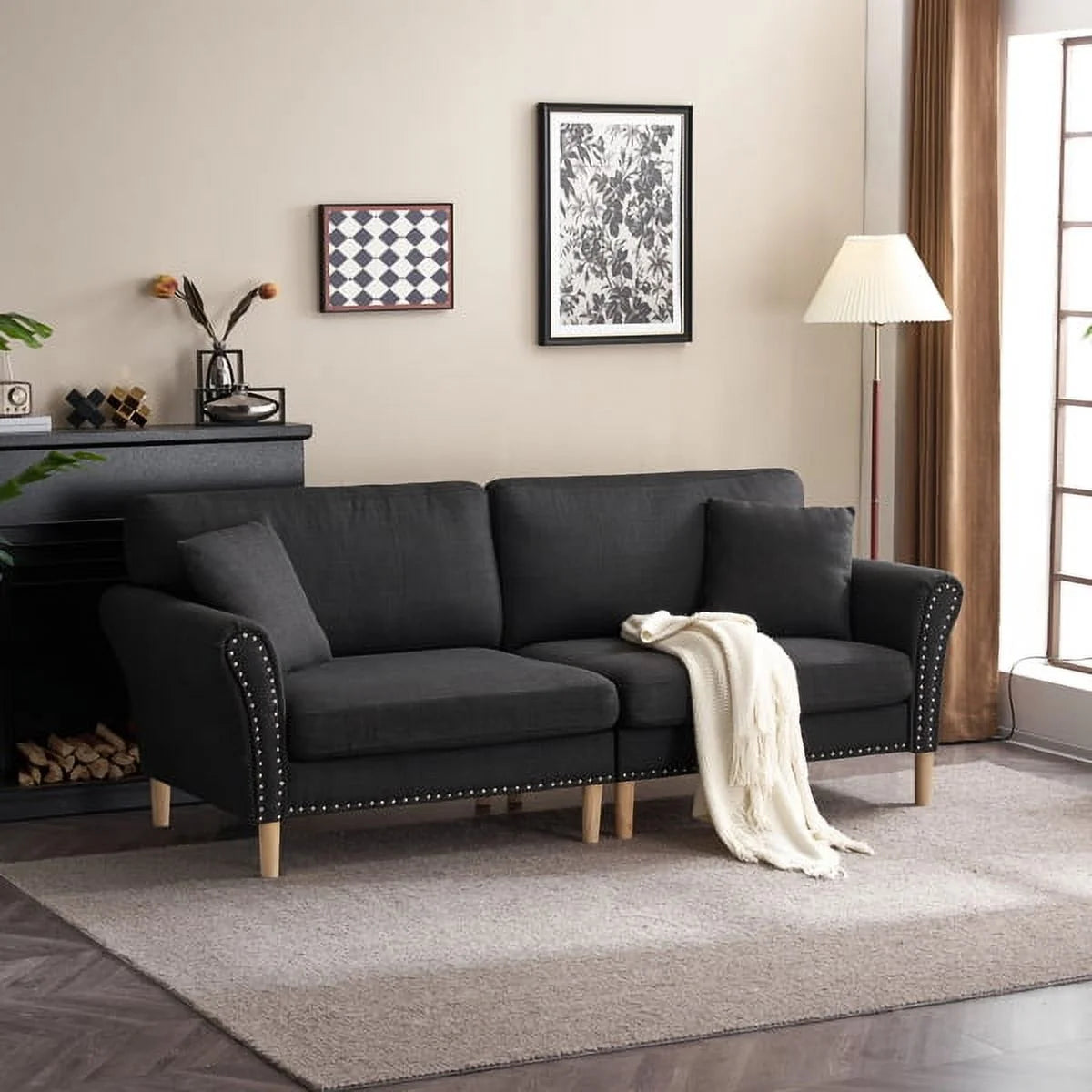 Black Upholstered 2-Seat Loveseat Sofa with 2 Pillows A725785