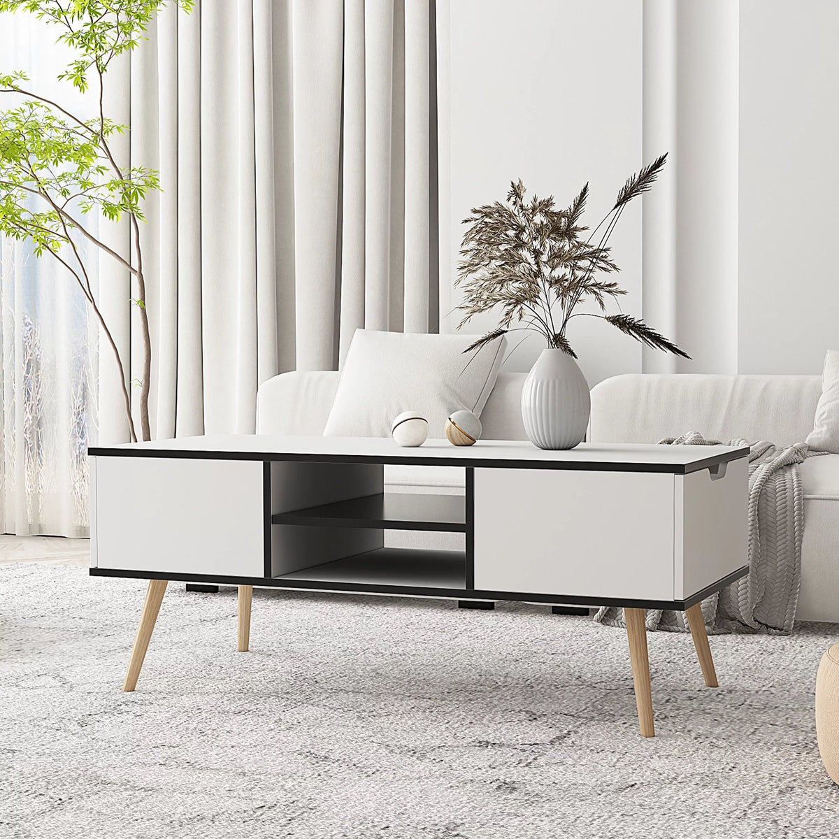 Modern Coffee Table with Storage Wooden Center Table, White Q257894