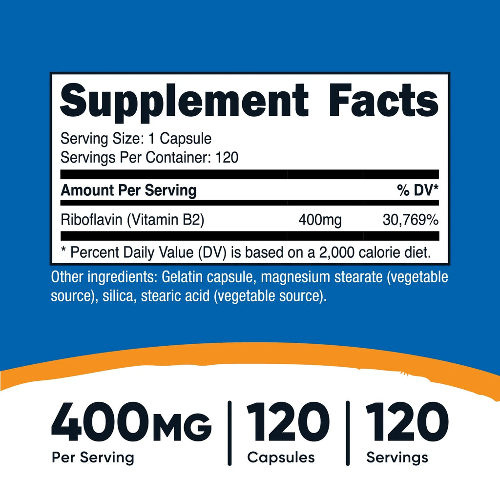 Vitamin B2 (Riboflavin) 400mg, 120 Capsules L3016