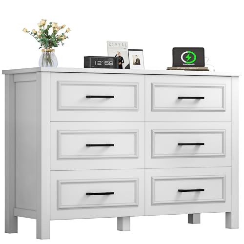White 6-Drawer Wood Dresser with Power Outlet F958