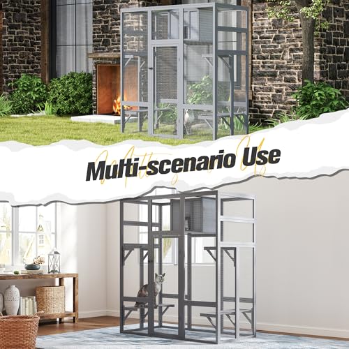 70 Inches Large Wooden Catio Outdoor Cat Enclosure with Waterproof Roof T696