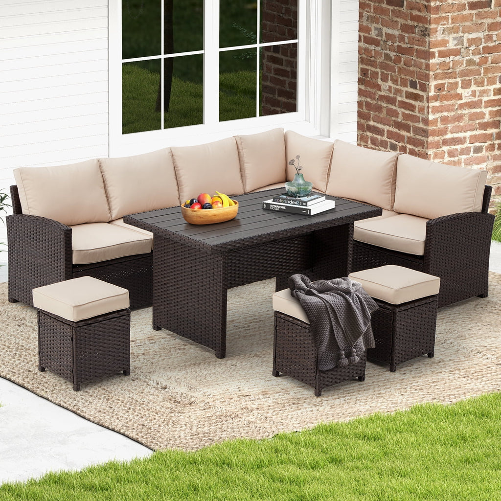 7-Piece Rattan Wicker Sectional Sofa and Dining Table Set M941067