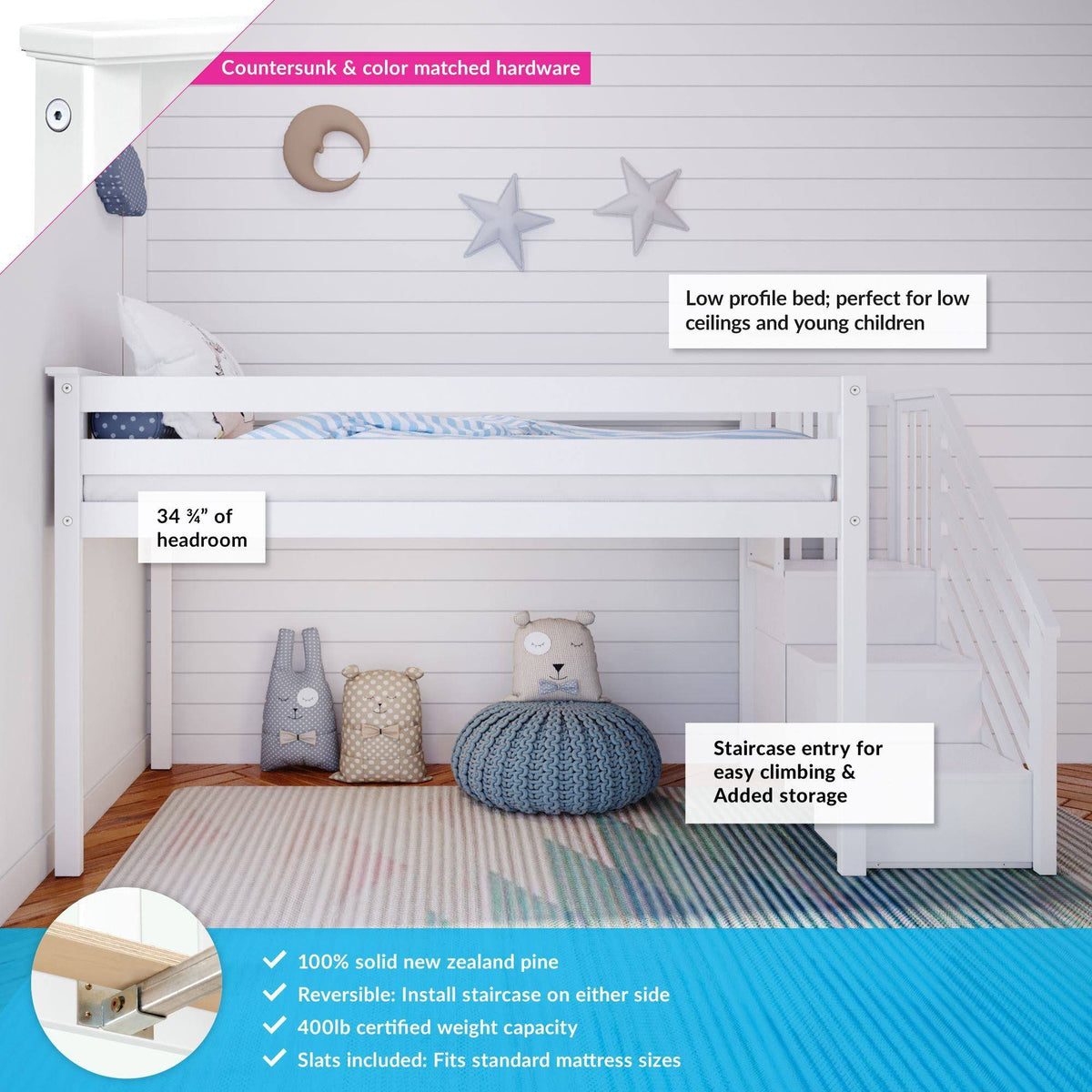 Twin-size Low Loft with Stairs - White N2033