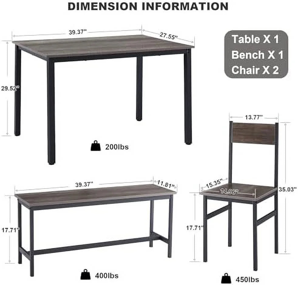 Dining Room Table Set with 2 Chairs and Bench Metal Frame Wood Q5476