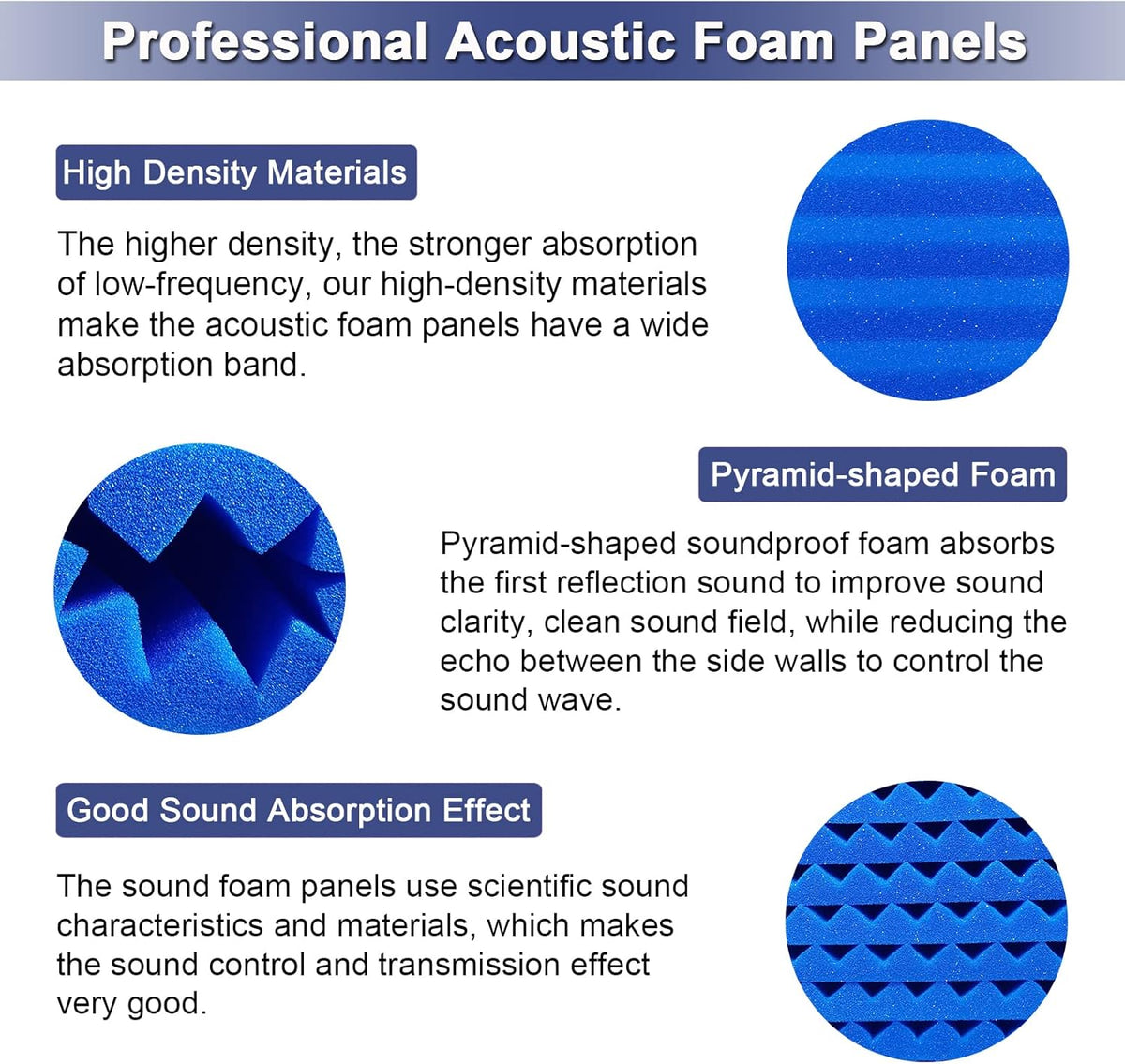 52 Pack Acoustic Foam Panels, 1" x 12" x 12" Black/Blue Wedge Studio Foam T588