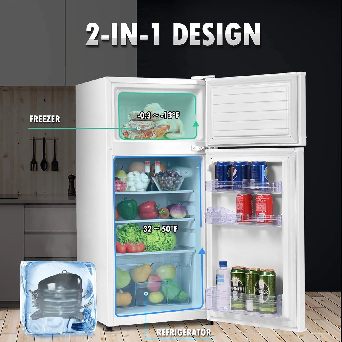 2 Doors 3.4 cu ft. Compact Mini Refrigerator Freezer E556