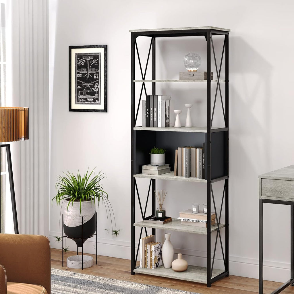 Industrial 5 Tier Open Shelf Bookcase, Wash White and Black O2434