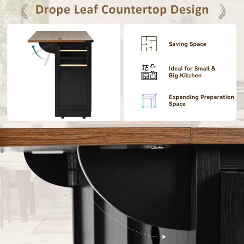 Black Farmhouse Kitchen Island with Power Outlet, 2 Sliding Barn Door, Drop Leaf, Spice Rack, Rolling Cart on Wheels L35900