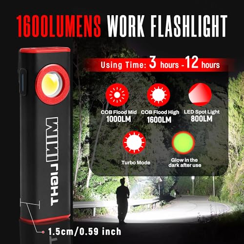 1600 Lumens Mini Magnetic Flat LED Flashlight with Clip, 3 Modes Waterproof Pocket Light (Ruby red) S497