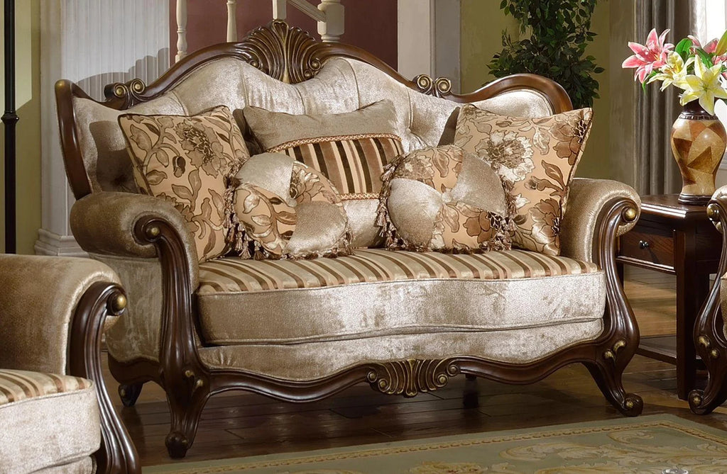 French Beige Chenille Carved Wood Loveseat T705