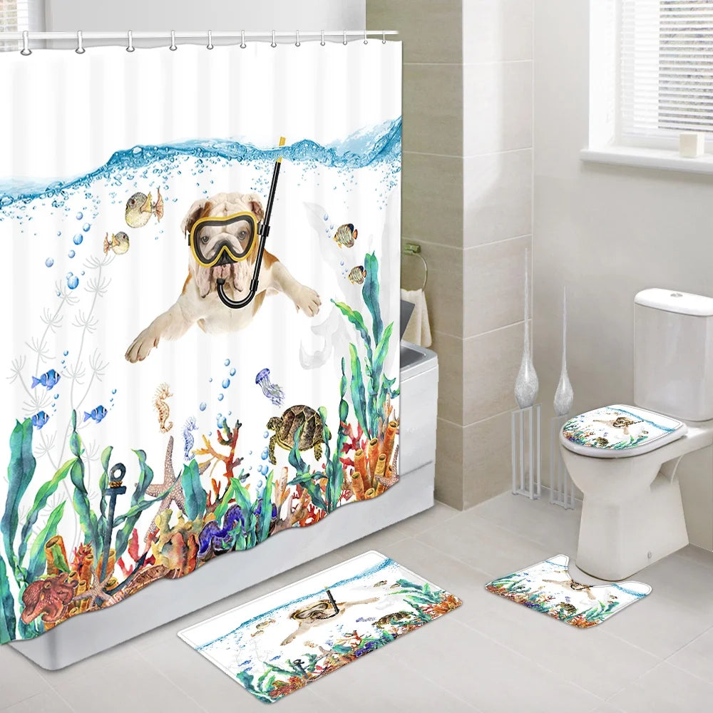 Funny Diving English Bulldog Shower Curtain Set with Hooks 69 x 70Inch, Bathroom Sets with Shower Curtain and Rugs, Toilet Lid Cover and Bath Mat B770