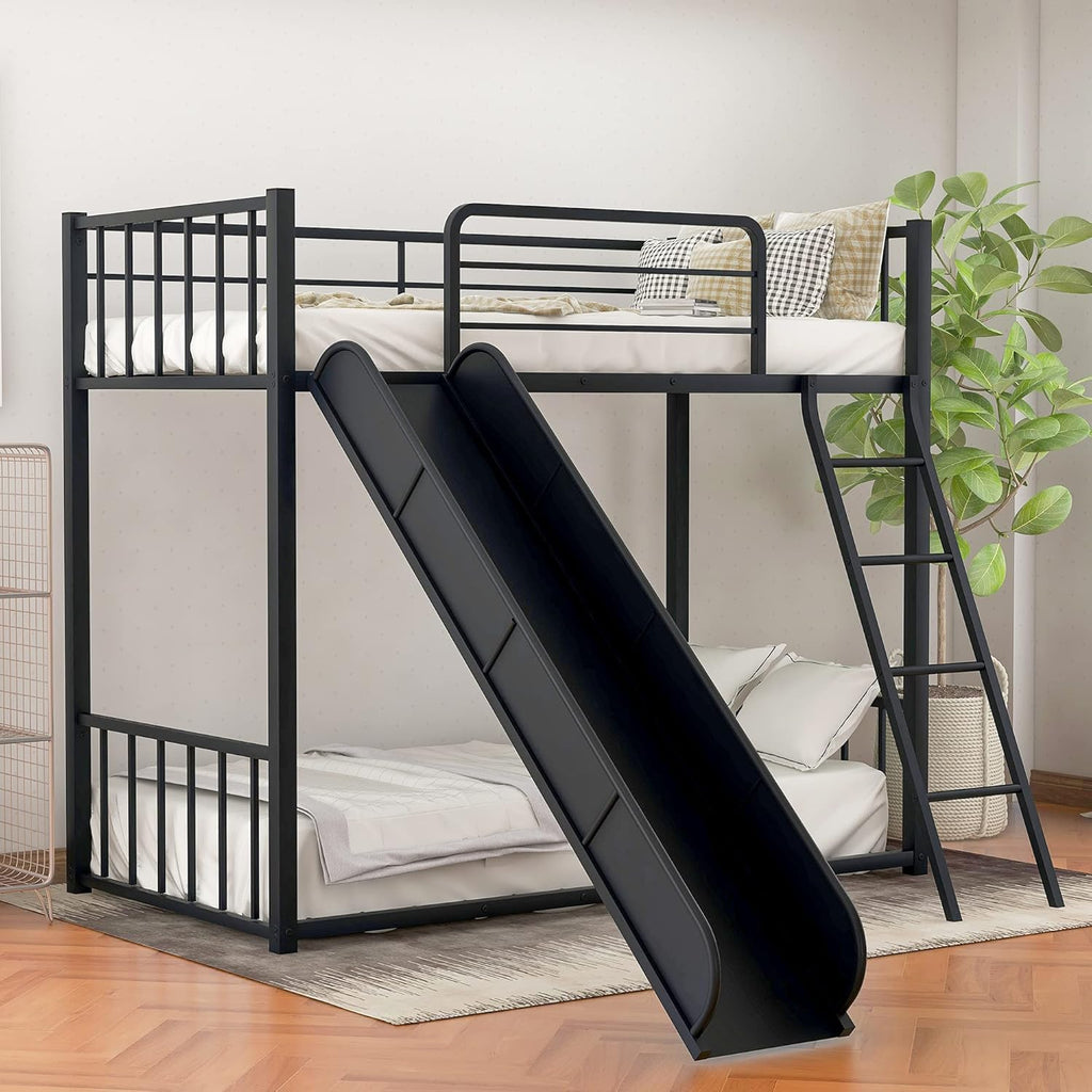 Twin Low Bunk Bed with Slide and Ladder, Black J1710