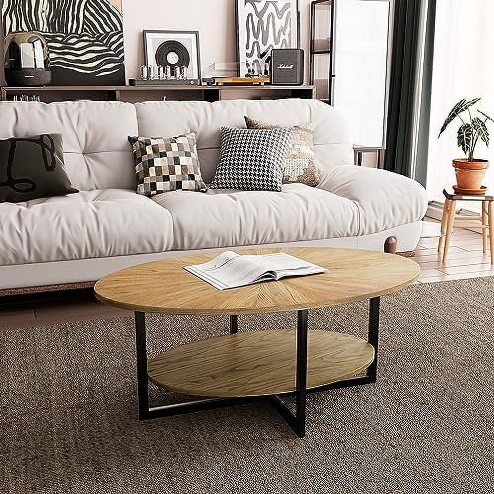Oval Wood Coffee Table with Shelf 26" D x 43.3" W x 17.9" H Rustic Natural W582840