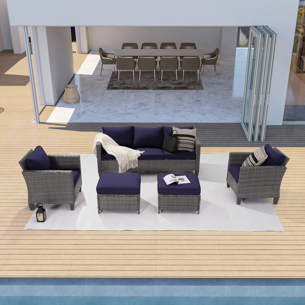 5-Piece Patio Sofa Set Gray Rattan Outdoor Furniture Three-Seat Sofa Ottomans E634356