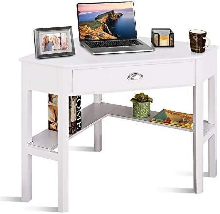 White Corner Desk with Drawer & Shelf Z767