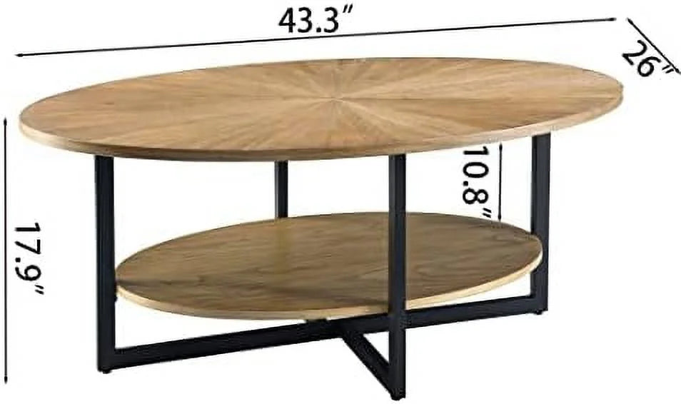 Oval Wood Coffee Table with Shelf 26" D x 43.3" W x 17.9" H Rustic Natural W582840