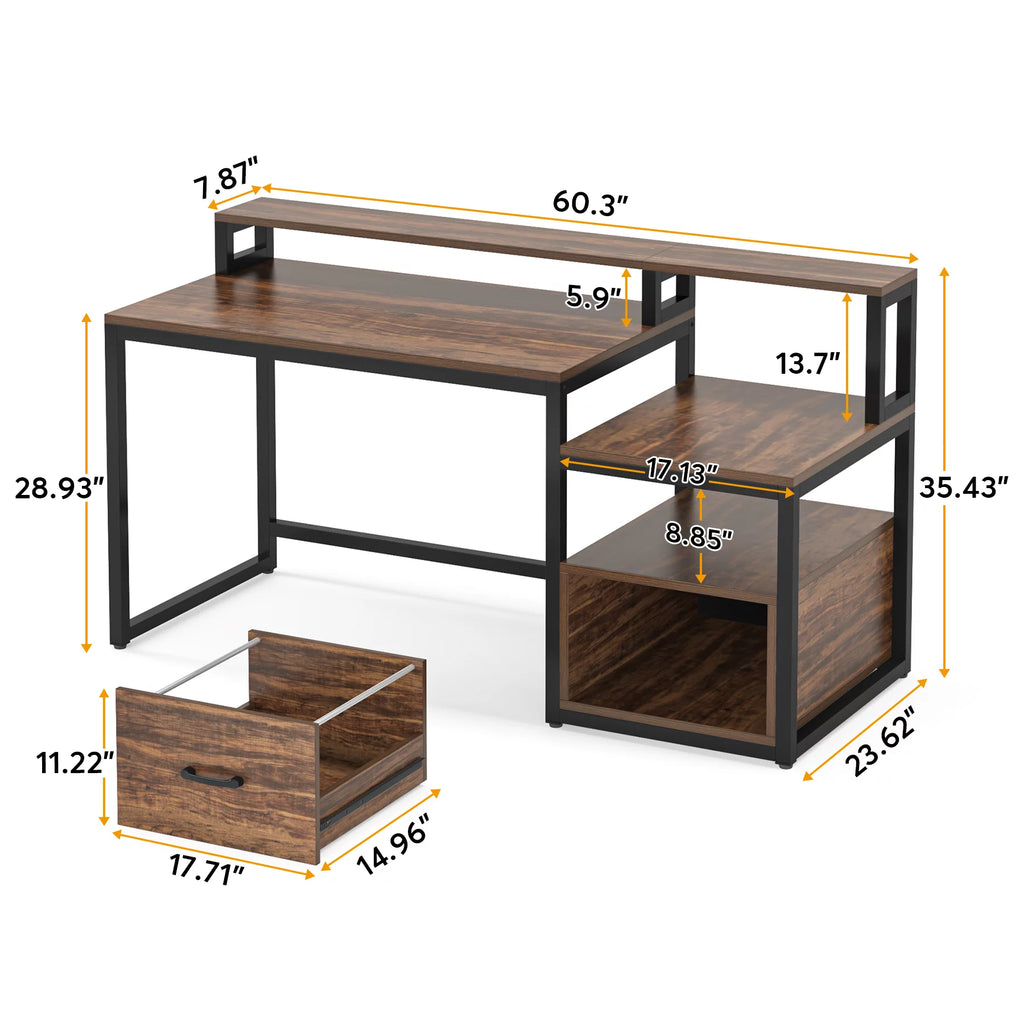 60 inch Computer Desk with File Drawer and Storage Shelves O661