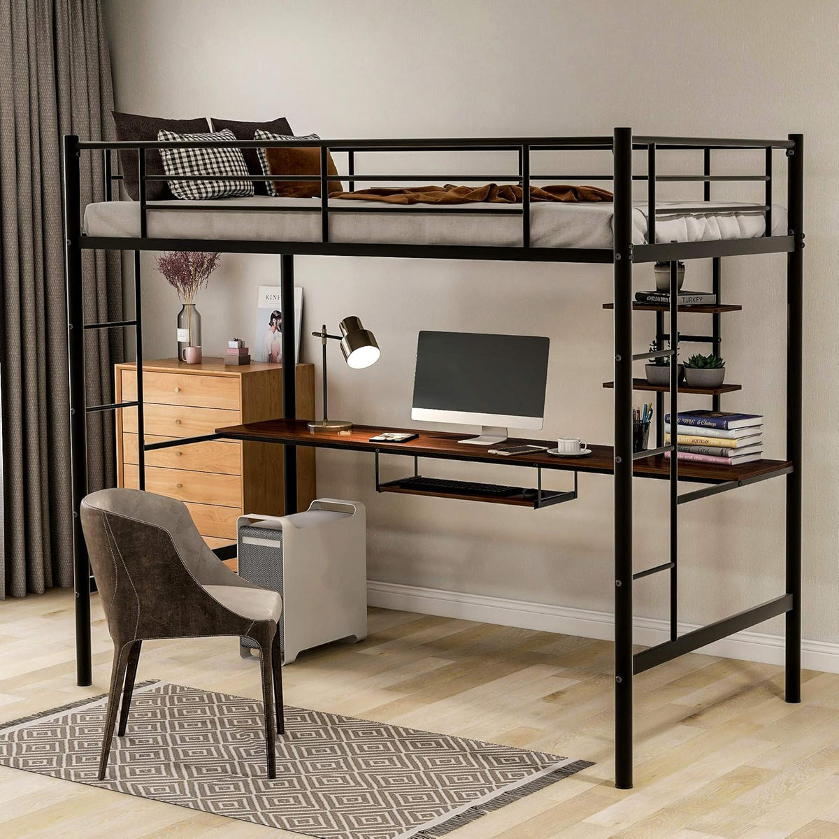 Twin Low Bunk Bed with Slide and Ladder, Black J1710