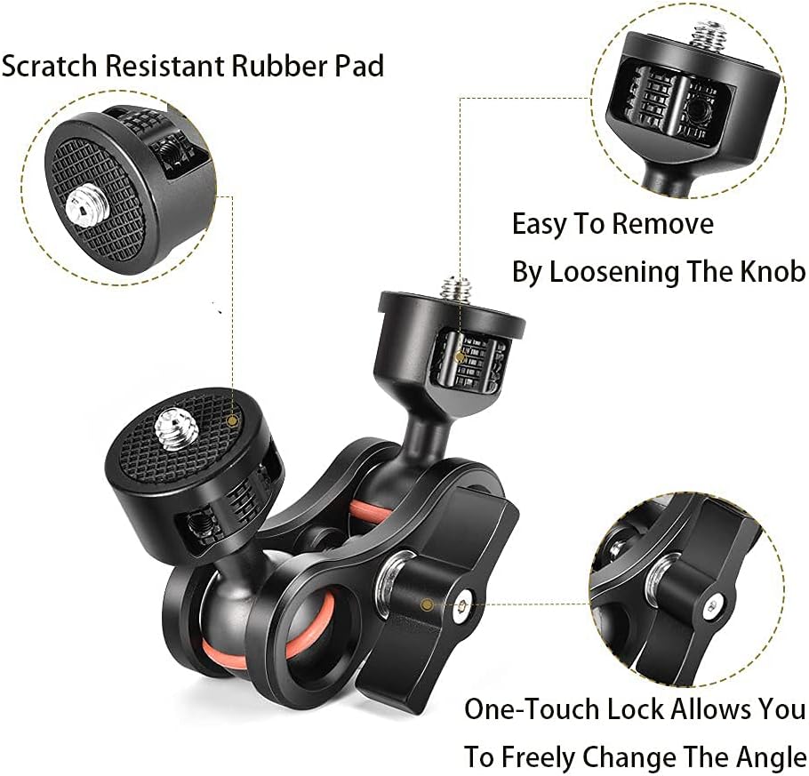 Double Ballhead Arm 360 Degree Rotation Magic Articulating Arm 1/4 Heavy Duty Friction Arms Mount Bracket with Flash Light Hot Shoe + Camera Fixing Screw Adapter for Camera DSLR Monitor Video A47387