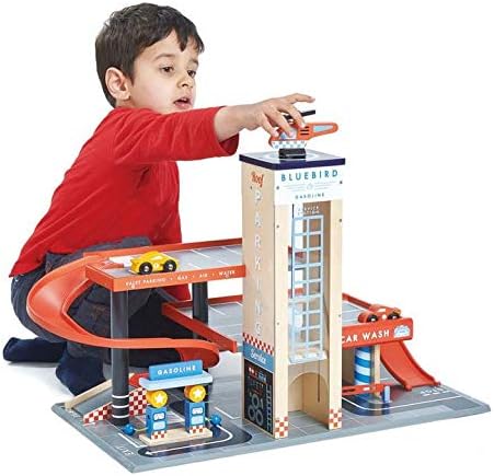 Blue Bird Wooden Garage and Service Station with Ramps Petrol Pumps Car Wash Center G92251
