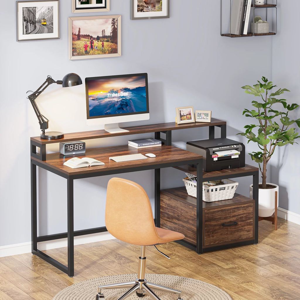 60 inch Computer Desk with File Drawer and Storage Shelves O661