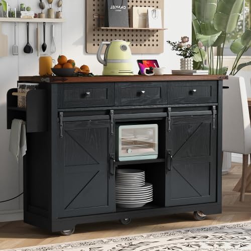 Black Farmhouse Kitchen Island with Power Outlet, 2 Sliding Barn Door, Drop Leaf, Spice Rack, Rolling Cart on Wheels L35900