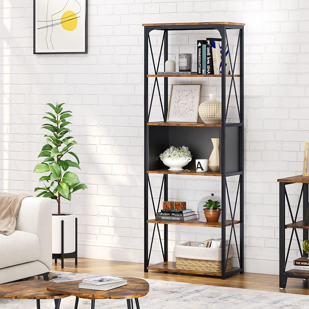 Industrial 5 Tier Open Shelf Bookcase, Wash White and Black O2434