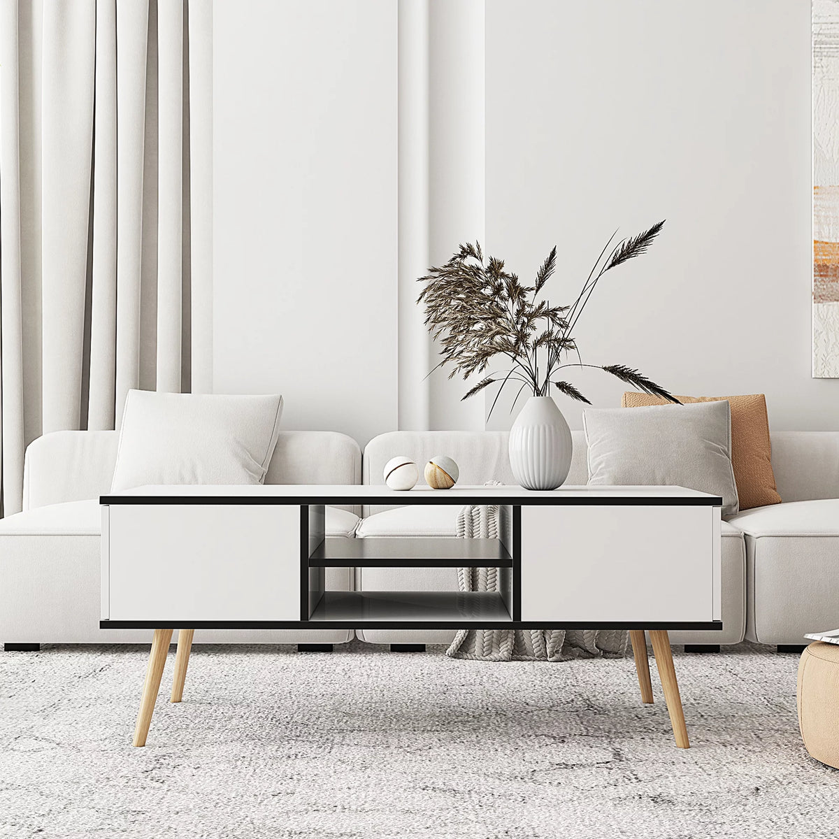 Modern Coffee Table with Storage Wooden Center Table, White Q257894