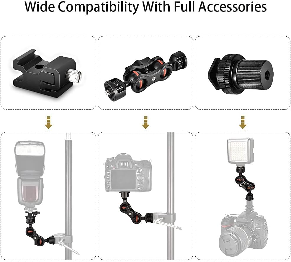 Double Ballhead Arm 360 Degree Rotation Magic Articulating Arm 1/4 Heavy Duty Friction Arms Mount Bracket with Flash Light Hot Shoe + Camera Fixing Screw Adapter for Camera DSLR Monitor Video A47387