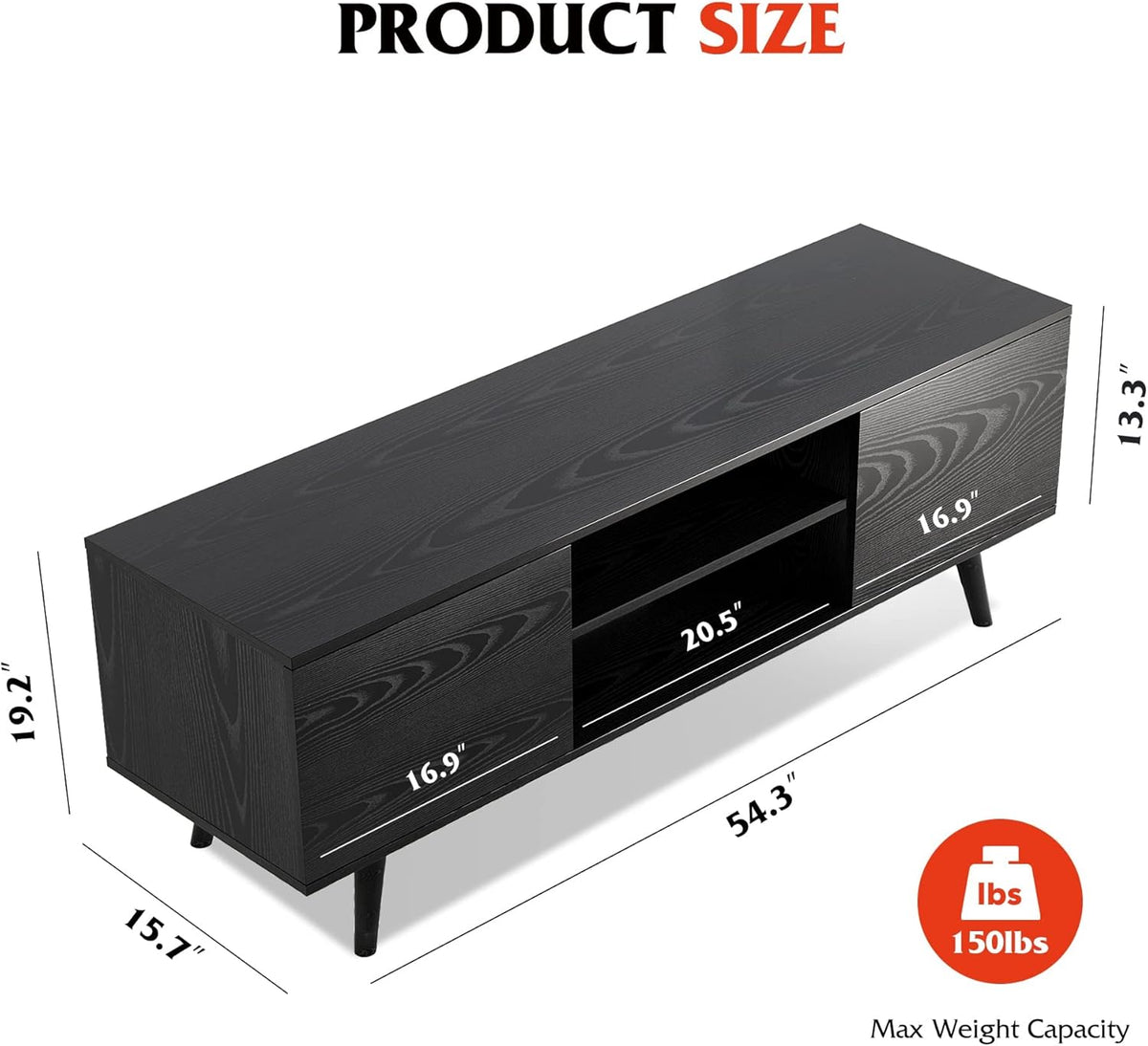 Black TV Stand with Storage Cabinet and Open Shelves K23058