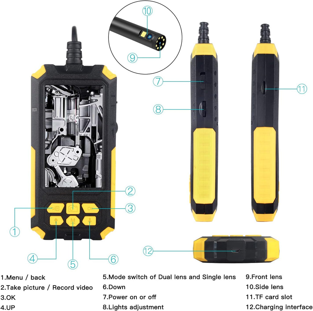 Dual Lens Borescope Inspection Camera with LED Light, 1080P HD Endoscope Camera, 4.5 IPS Screen, IP68 Waterproof 8mm Camera, 16.4ft Flexible Cable I29159