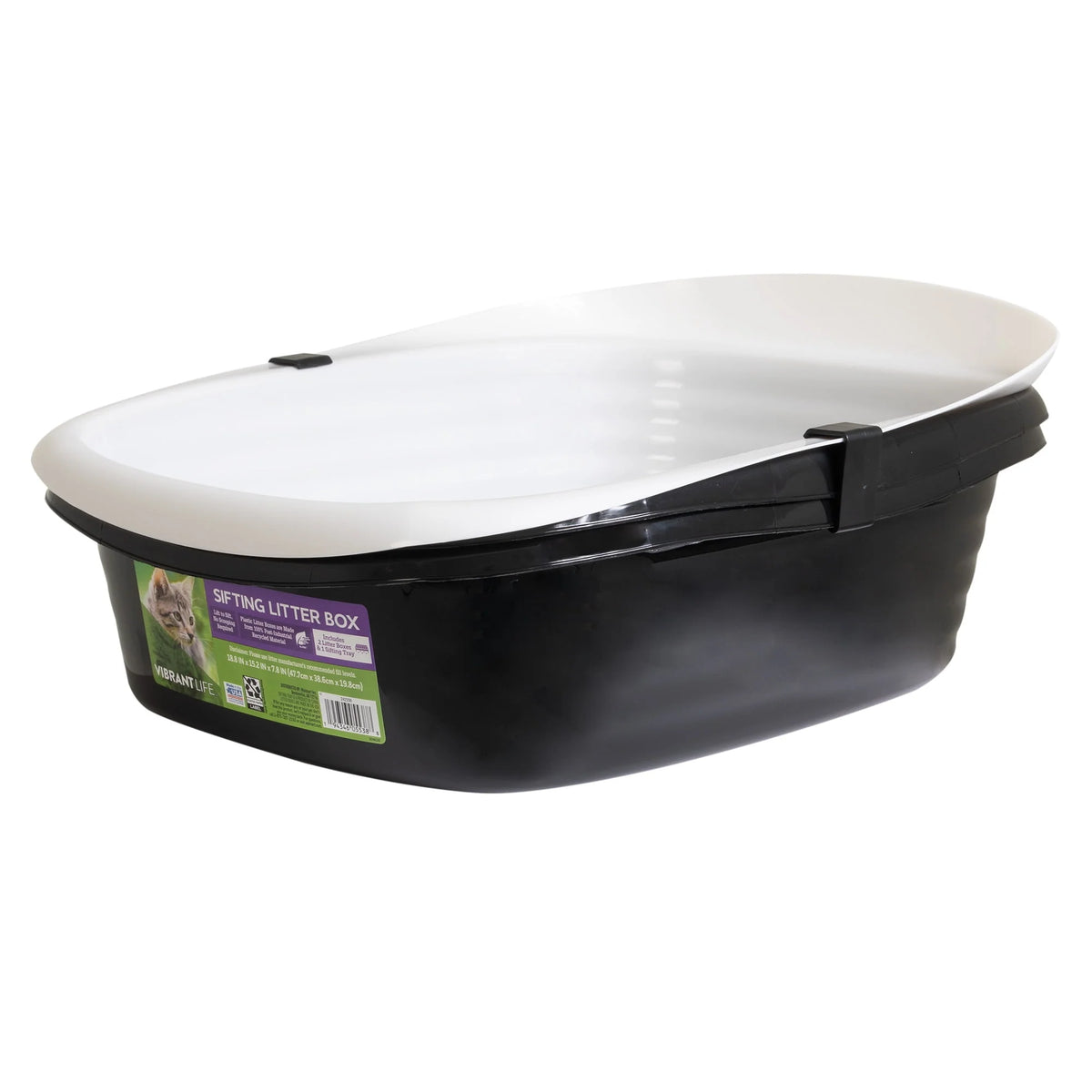 2 Open Top Plastic Cat Litter Pans and Tray, Large, Black B911