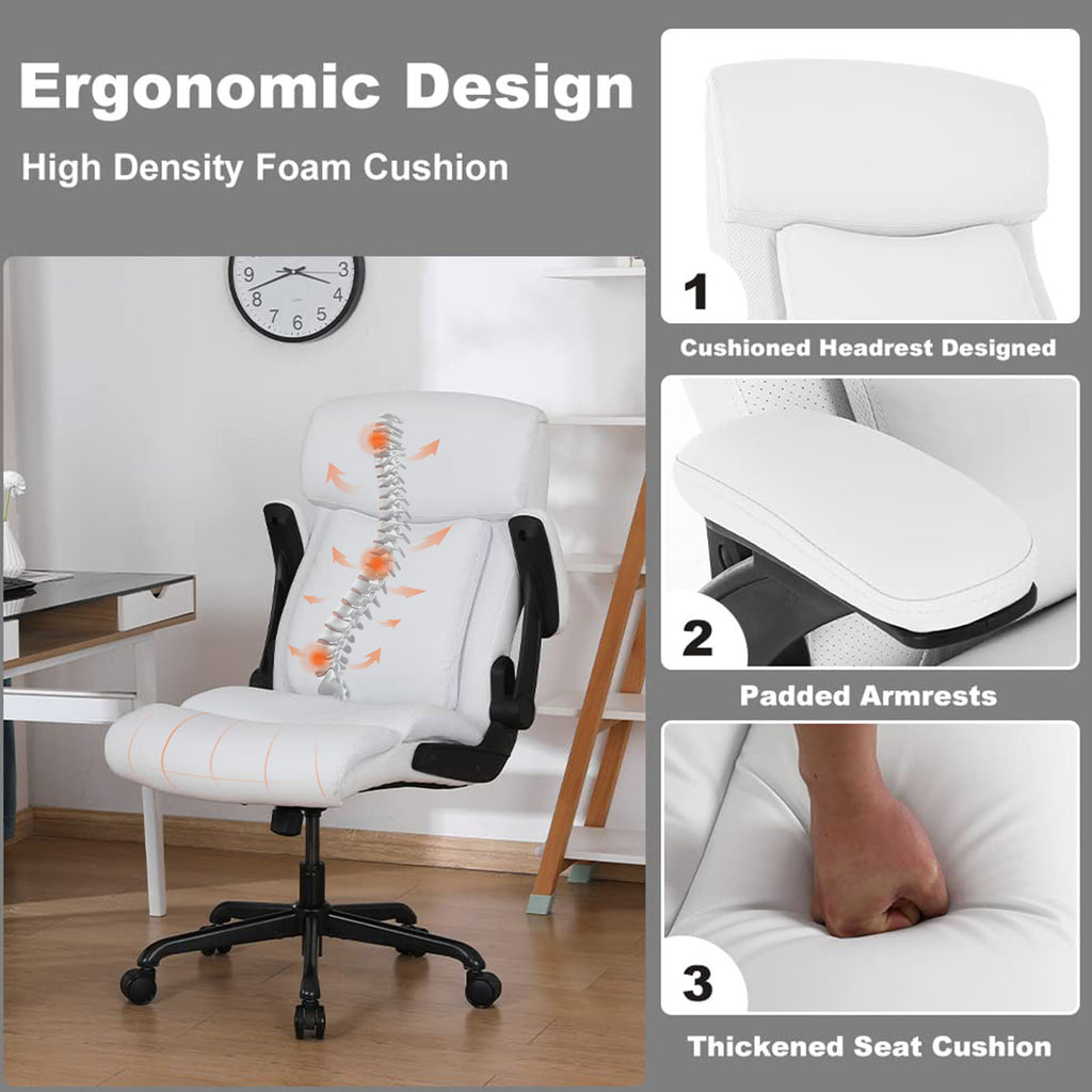 White Ergonomic High Back Leather Executive Office Chair with Flip-up Armrests R4209