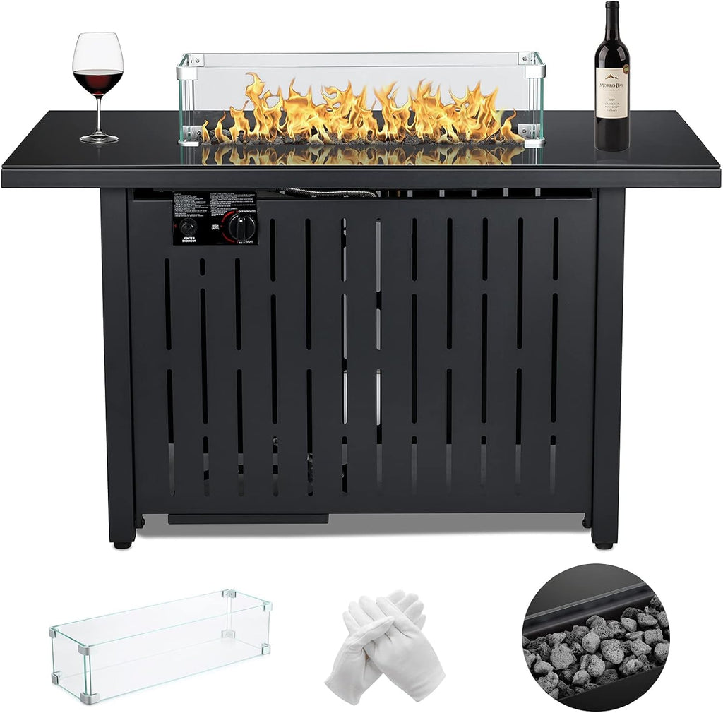 43 Inch 60,000 BTU Propane Gas Fire Pit Table with Glass Wind Guard A21468