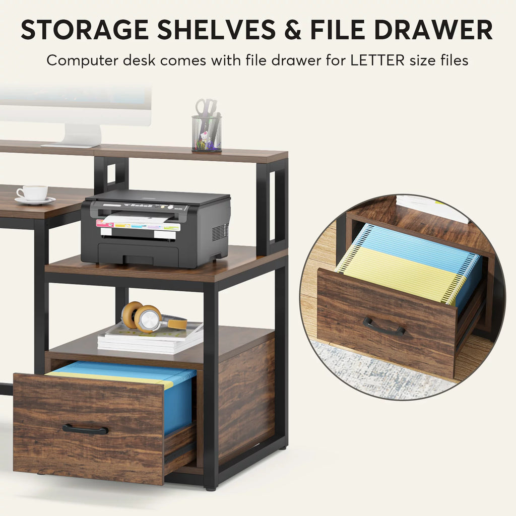 60 inch Computer Desk with File Drawer and Storage Shelves O661