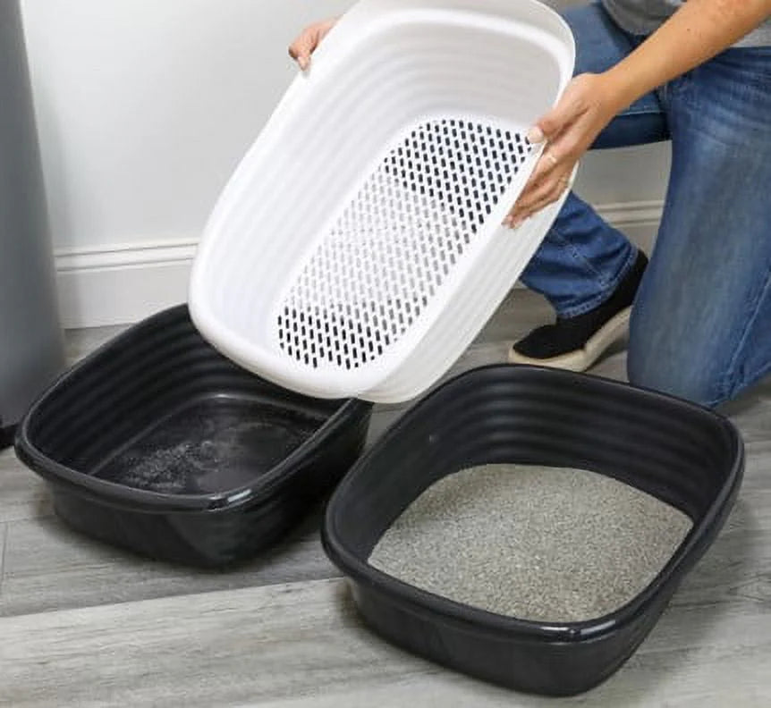 2 Open Top Plastic Cat Litter Pans and Tray, Large, Black B911