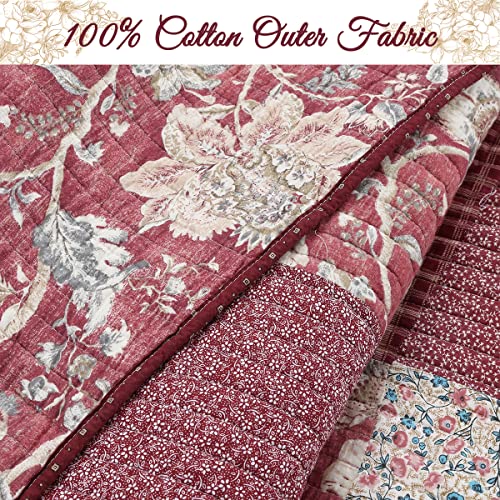 Burgundy Wine Red Floral Paisley Patchwork 100% Cotton Reversible Quilt Bedding Set, Queen - 3 Piece P94863