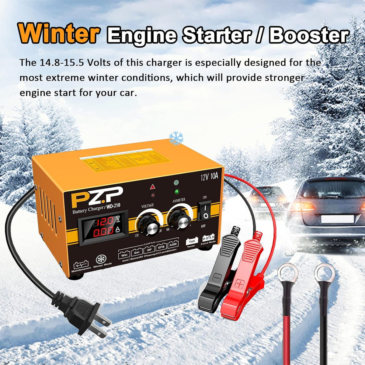 12V 0-10A Automatic Battery Charger and Maintainer with SAE Adapters, Battery Clamps and O-Ring Connectors S731092