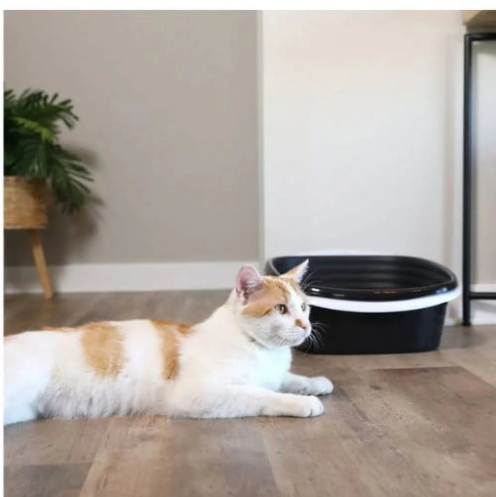 2 Open Top Plastic Cat Litter Pans and Tray, Large, Black B911