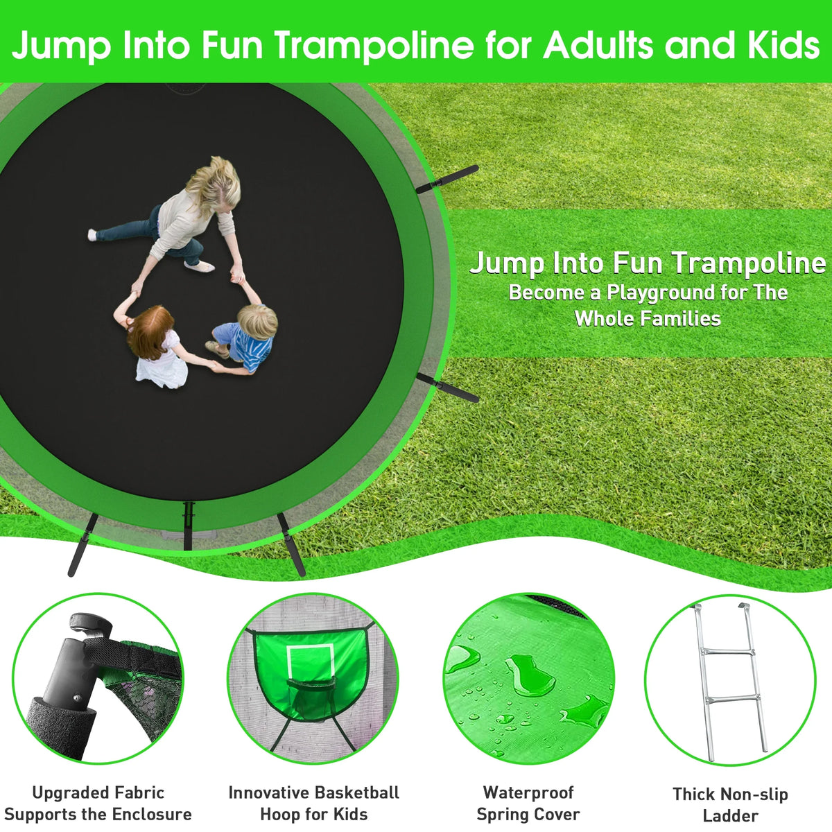 12FT 14FT Trampoline with Enclosure, Basketball Hoop, LED Light and Sprinkler N894017